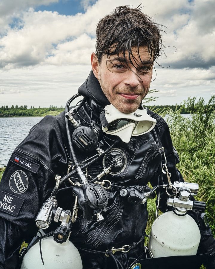 Karol Nowalski w suchym skafandrze i konfiguracji sidemount, na brzegu jeziora po nurkowaniu