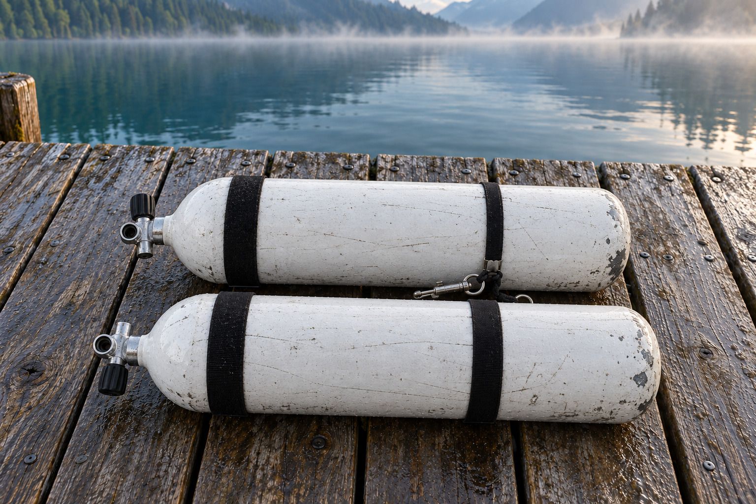 Dwie używane białe butle sidemount z zaworami, opaskami i karabinkami, leżące na drewnianym pomoście nad zamglonym jeziorem
